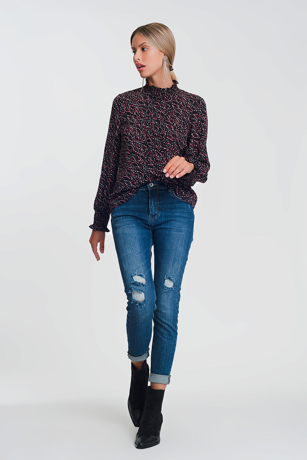 High waisted skinny jeans in dark wash blue with ripped details - Denim