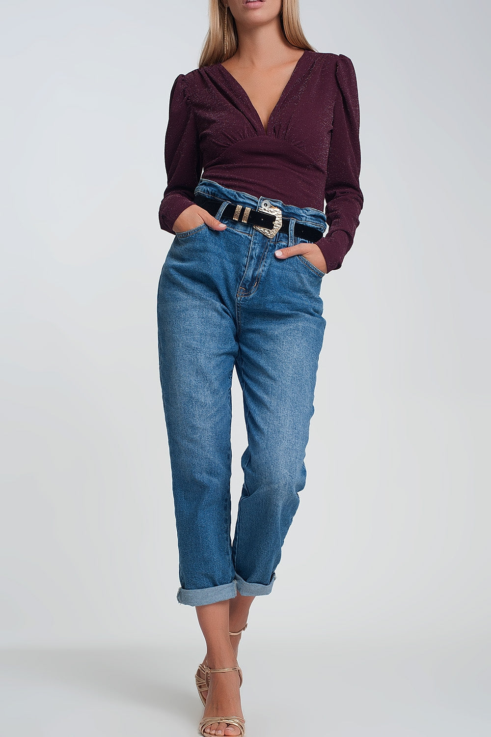 Paper bag waist mom jean in dark wash blue