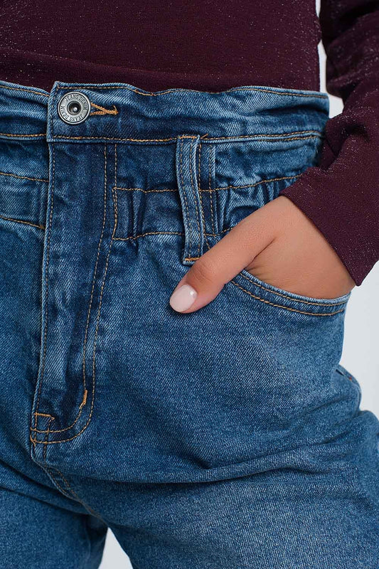 Paper bag waist mom jean in dark wash blue - Denim