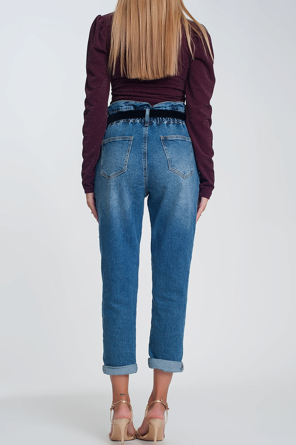 Paper bag waist mom jean in dark wash blue