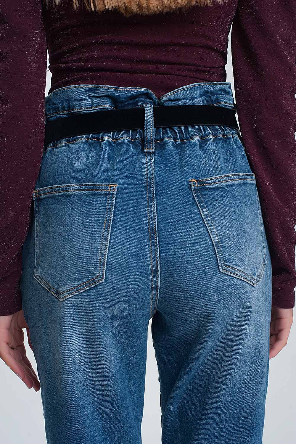 Paper bag waist mom jean in dark wash blue