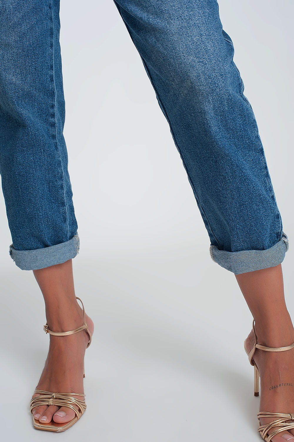 Paper bag waist mom jean in dark wash blue