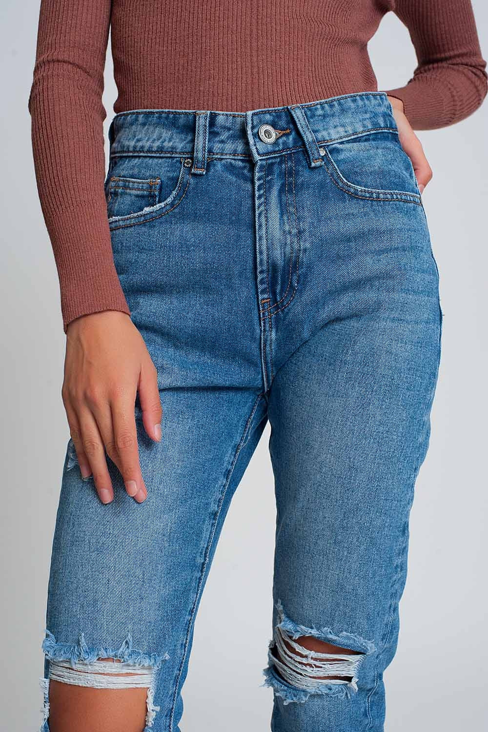 High waist mom jeans with ripped knees in dark wash blue - Denim