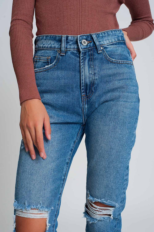 High waist mom jeans with ripped knees in dark wash blue - Denim