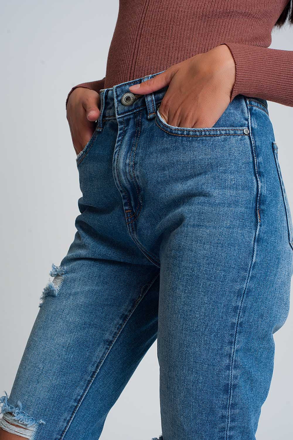 High waist mom jeans with ripped knees in dark wash blue - Denim