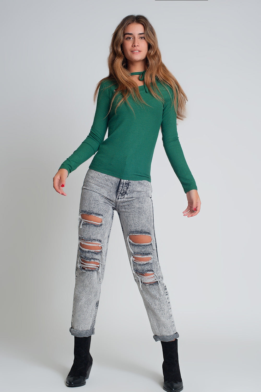 Asymmetric neck sweater in green - jumper