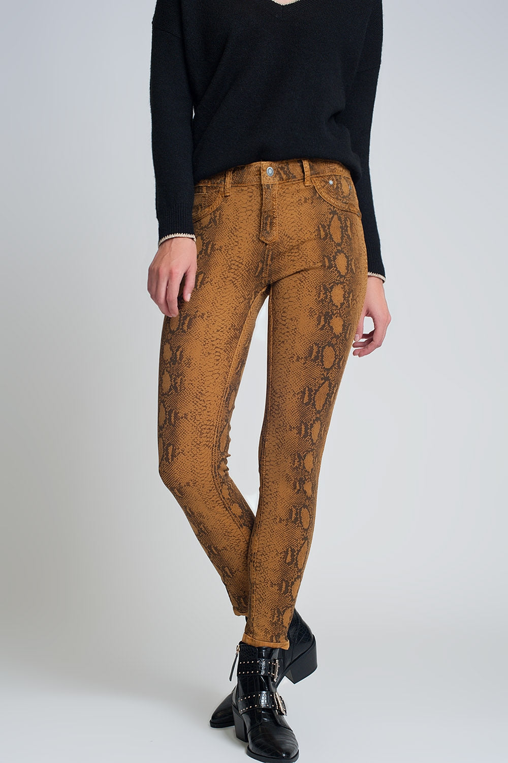 Mustard super skinny reversible pants with snake print - Coloured Jeans