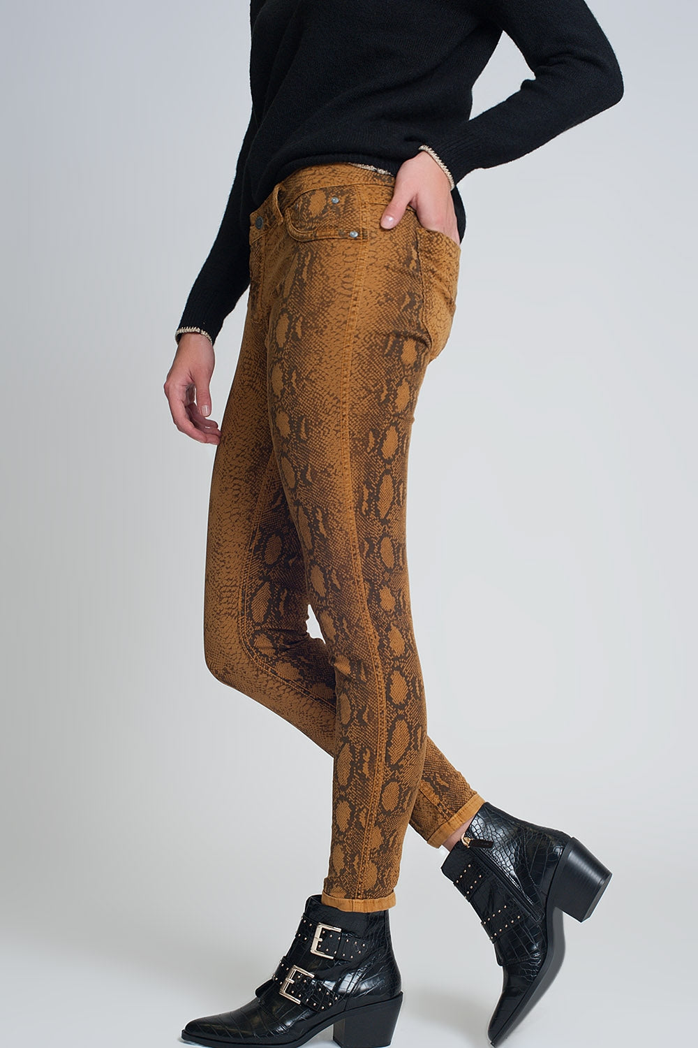 Mustard super skinny reversible pants with snake print - Coloured Jeans