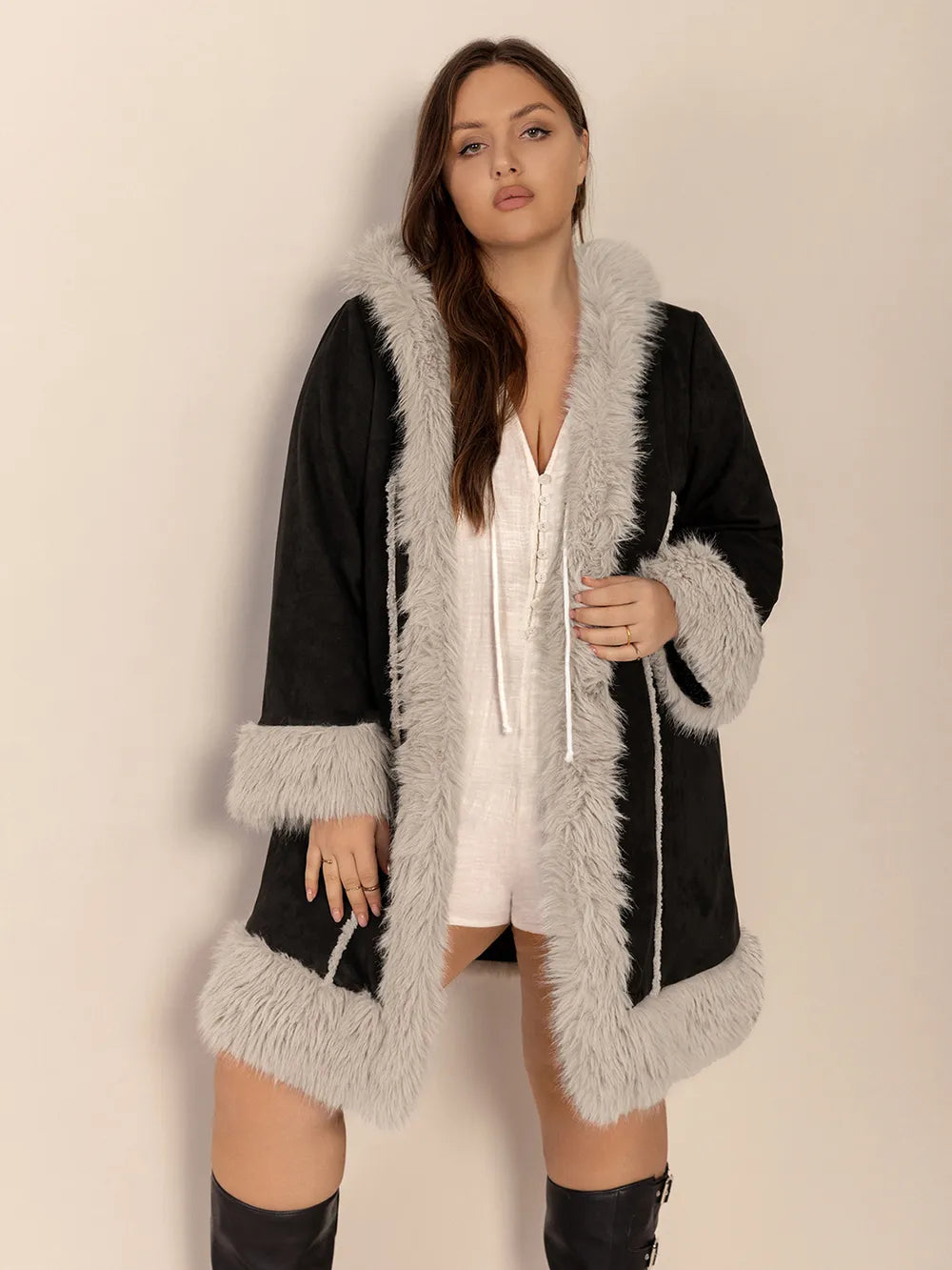 Plus Size Fuzzy Trim Open Front Long Sleeve Hooded Coat -