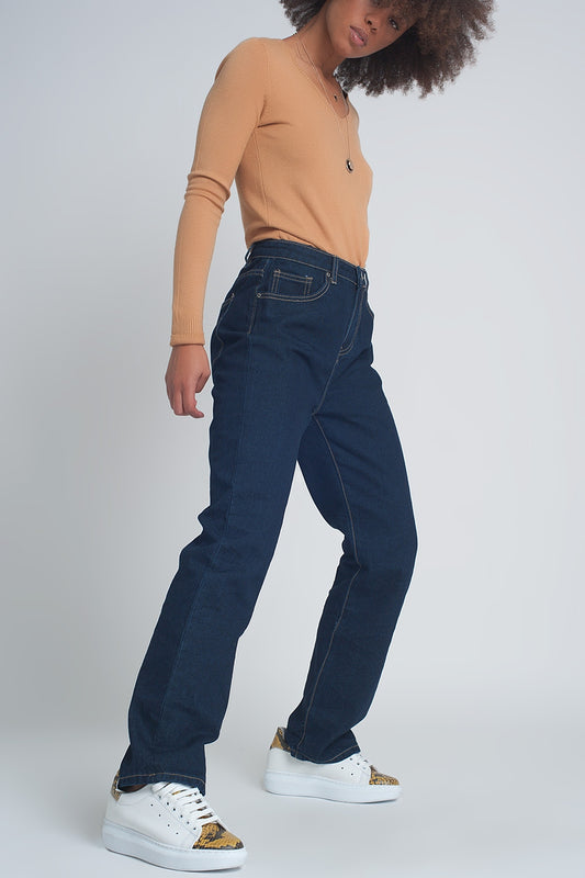 High rise straight cut jeans in dark blue - Denim