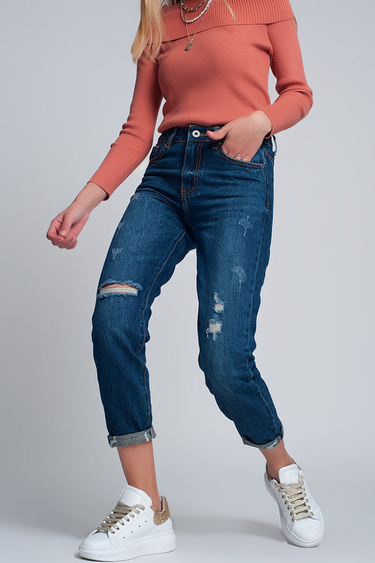 High rise slim mom jeans in blue wash with front rips - Denim