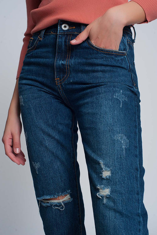 High rise slim mom jeans in blue wash with front rips - Denim