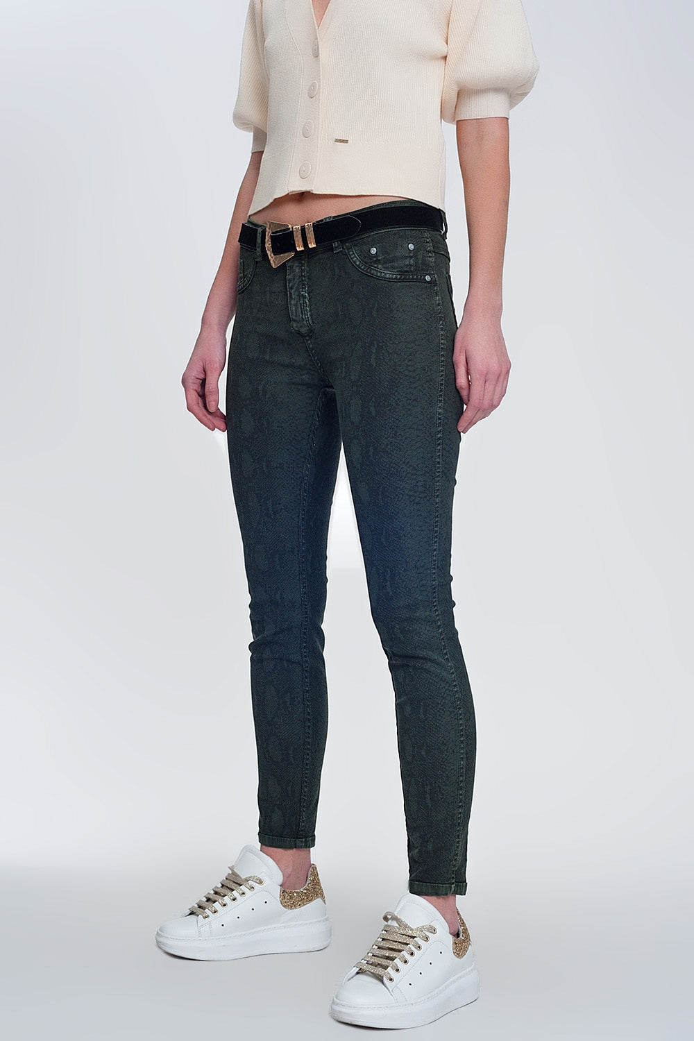 Khaki super skinny reversible pants with snake print