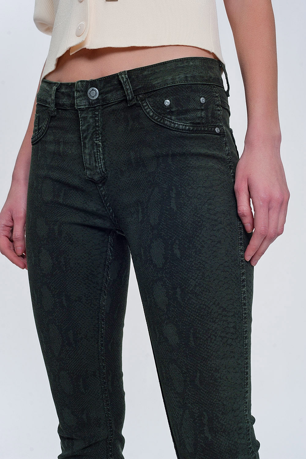 Khaki super skinny reversible pants with snake print - Coloured Jeans
