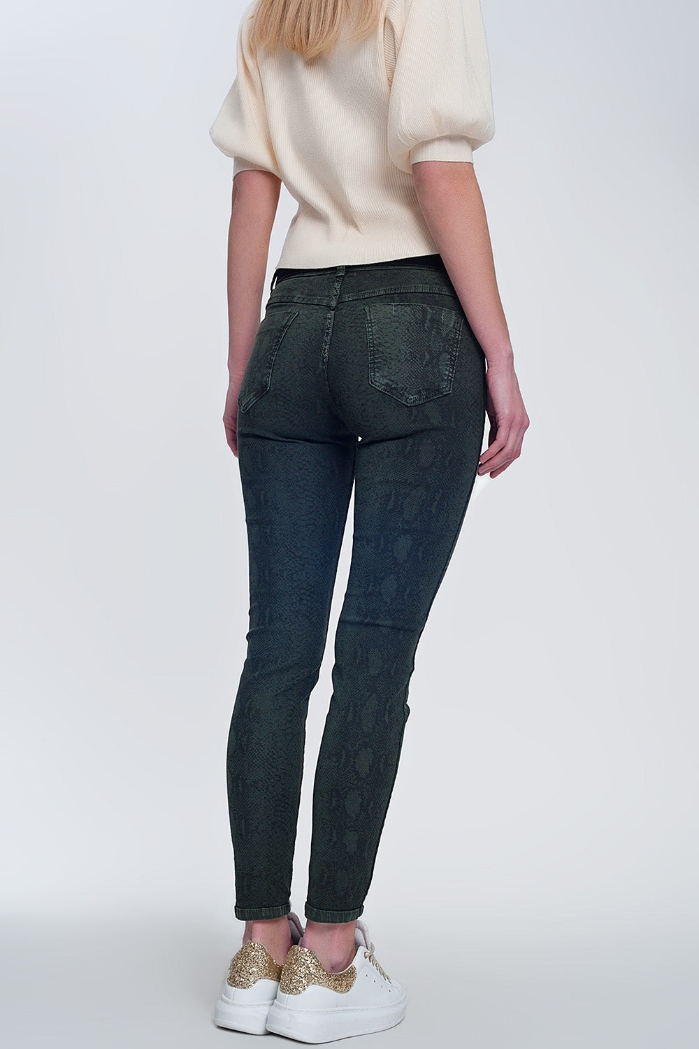 Khaki super skinny reversible pants with snake print - Coloured Jeans