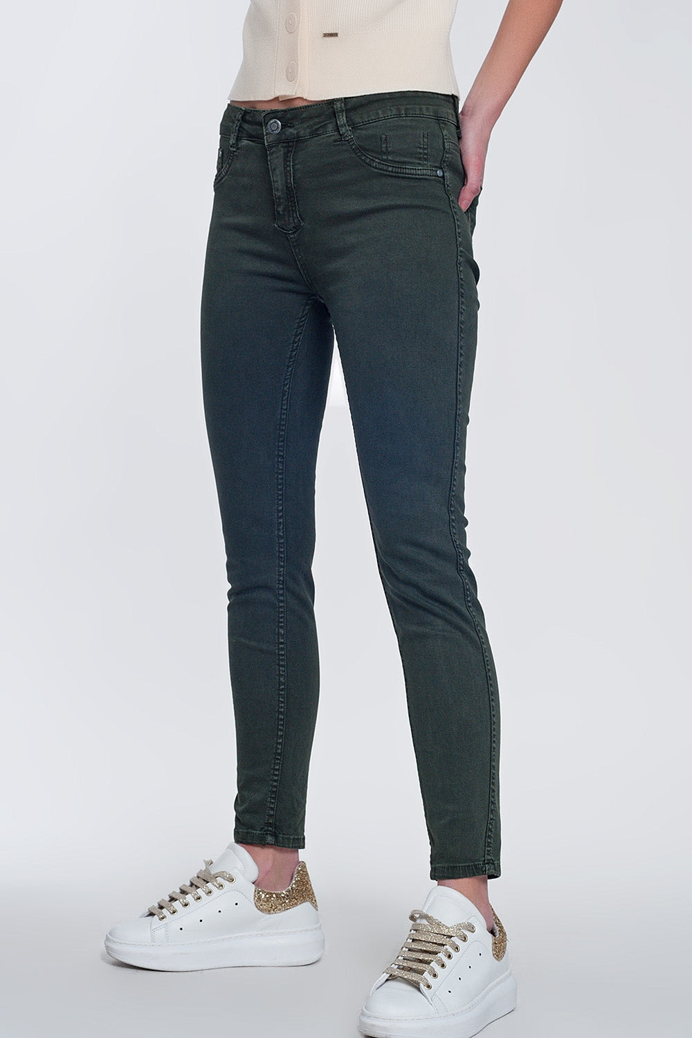 Khaki super skinny reversible pants with snake print - Coloured Jeans