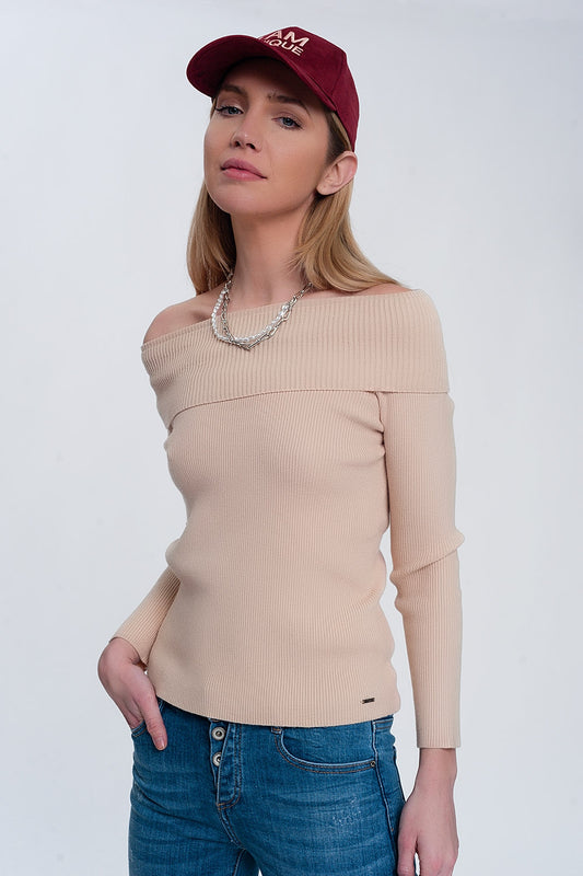Rib bardot jumper in beige - jumper