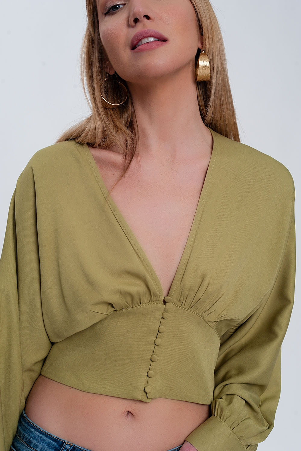 Top with puff sleeves in green - Shirts, top