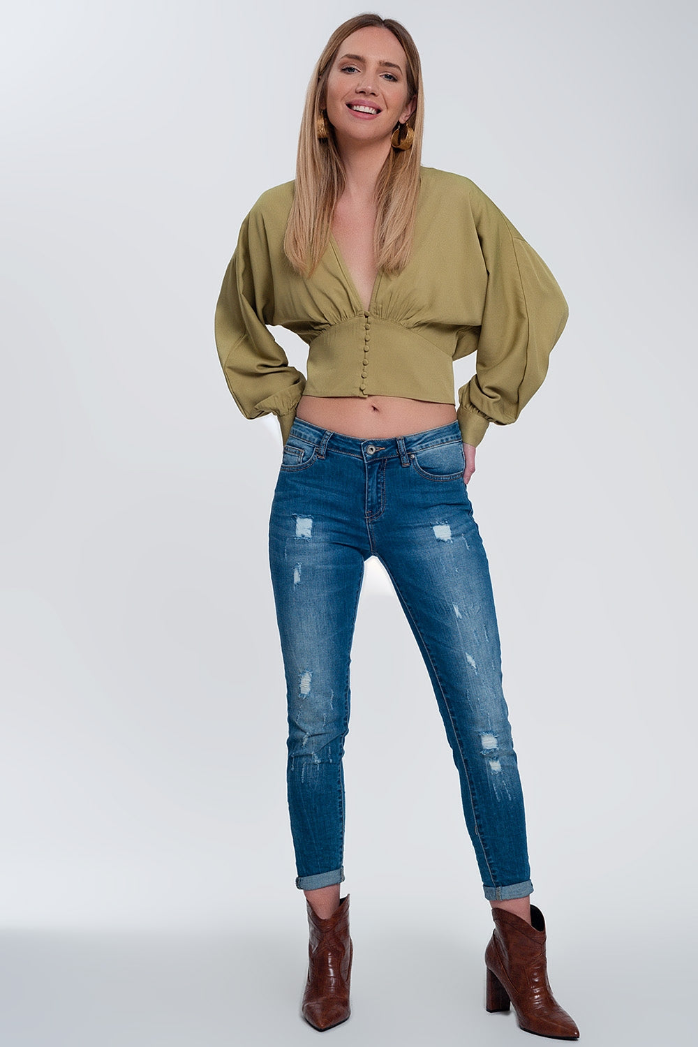 Top with puff sleeves in green - Shirts, top