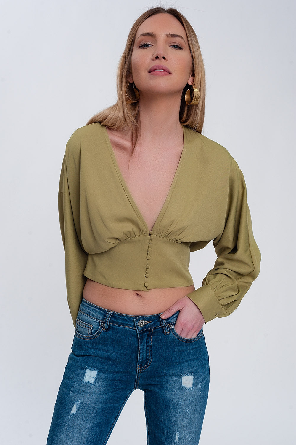 Top with puff sleeves in green - Shirts, top
