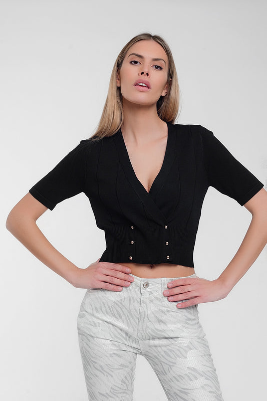 knit button through cardi top in black
