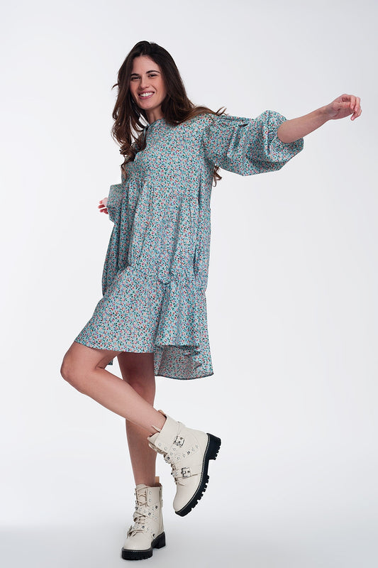 Mini smock dress with puff sleeves in floral - dress