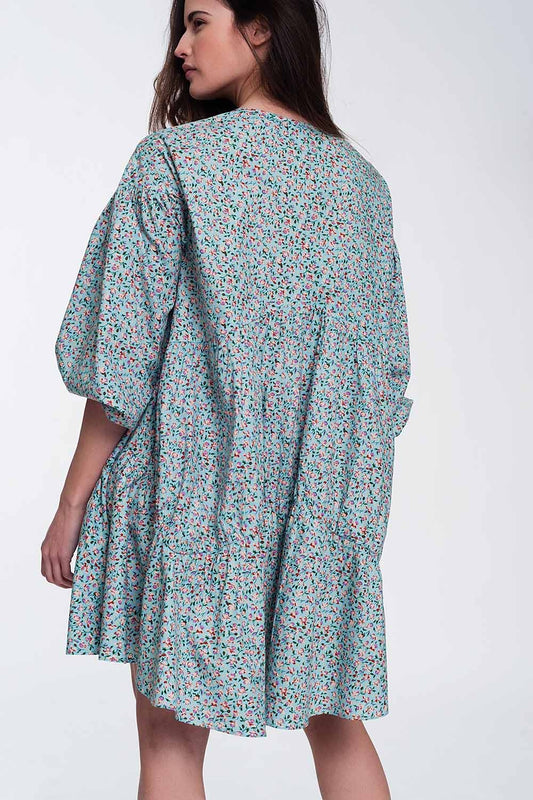 Mini smock dress with puff sleeves in floral - dress