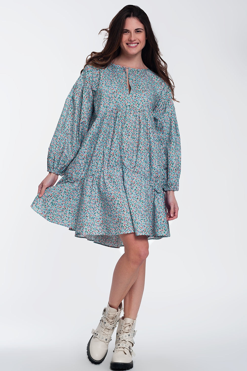 Mini smock dress with puff sleeves in floral - dress