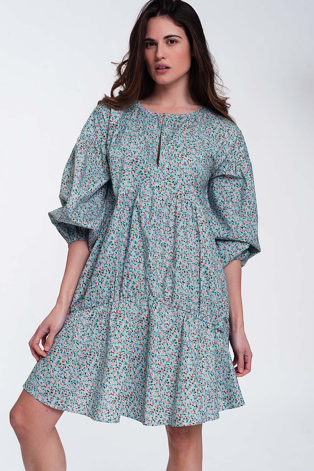 Mini smock dress with puff sleeves in floral - dress
