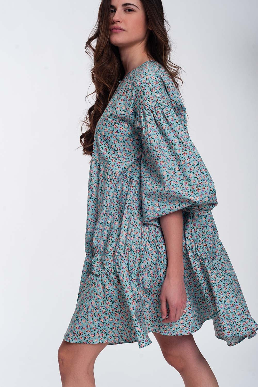 Mini smock dress with puff sleeves in floral - dress