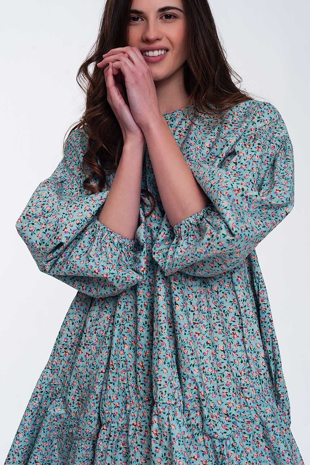 Mini smock dress with puff sleeves in floral - dress