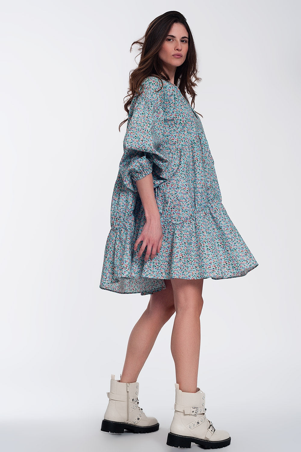 Mini smock dress with puff sleeves in floral - dress