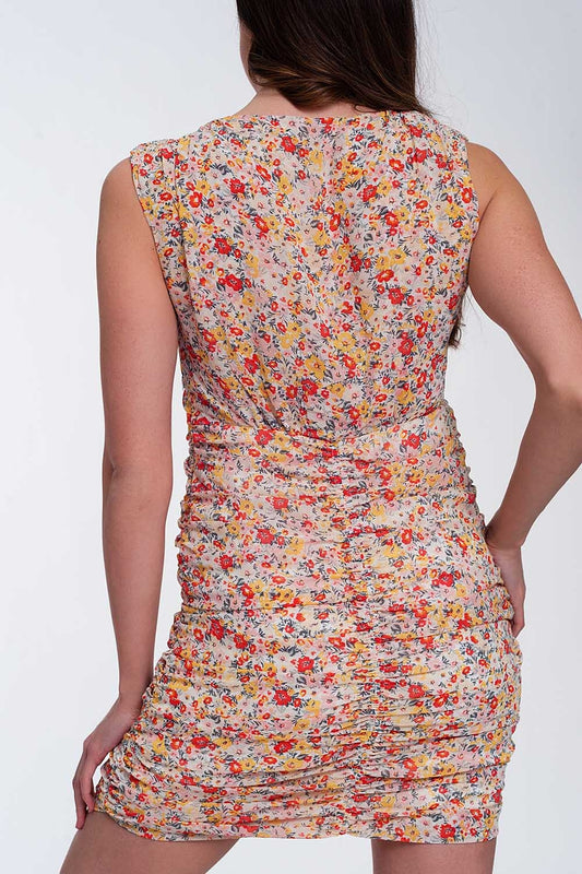 Ruched bodycon mini dress in floral mesh print - dress