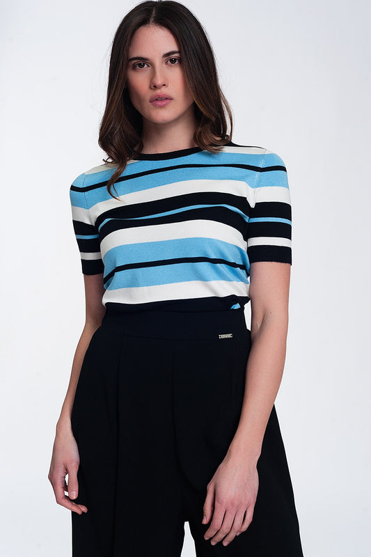 Crew neck boxy jumper with multi stripes in blue - jumper
