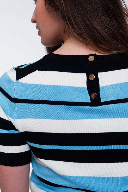 Crew neck boxy jumper with multi stripes in blue - jumper