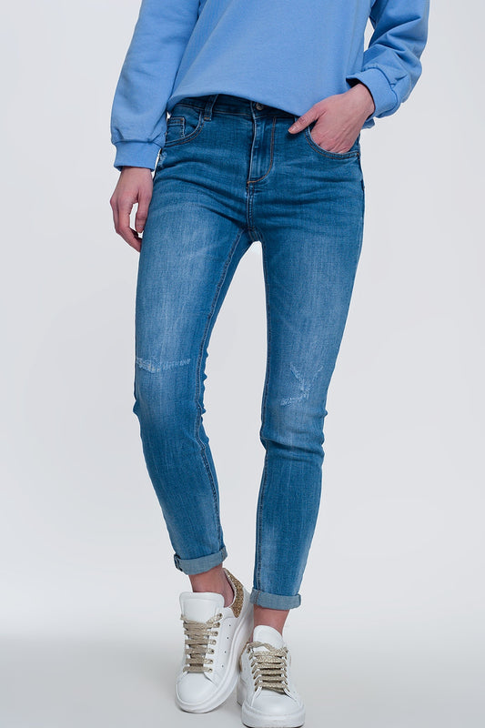 light denim skinny jeans with folded ankles and ripped detail - Denim