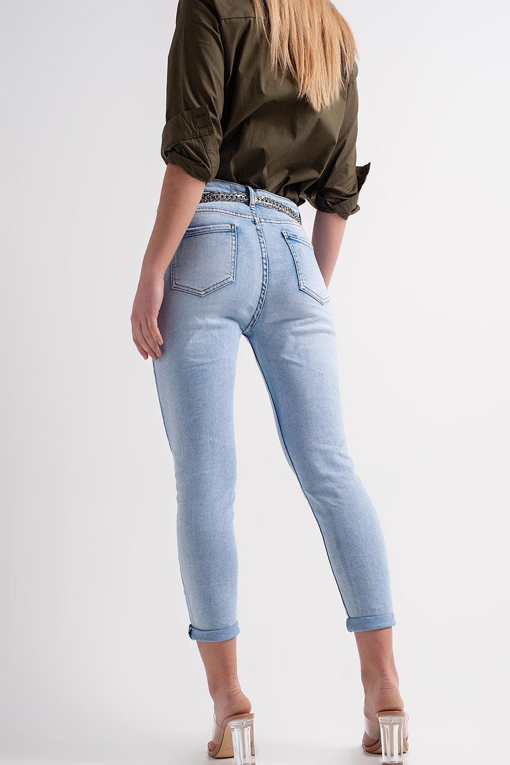 Straight leg jeans with folded ankles in light denim - Denim