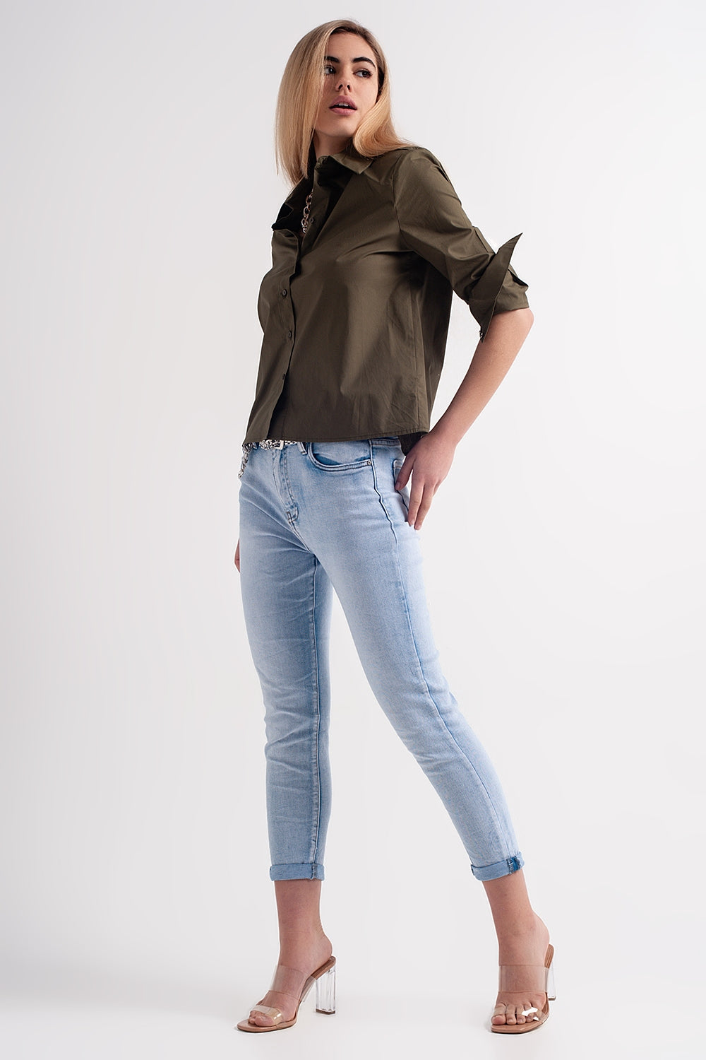 Straight leg jeans with folded ankles in light denim - Denim