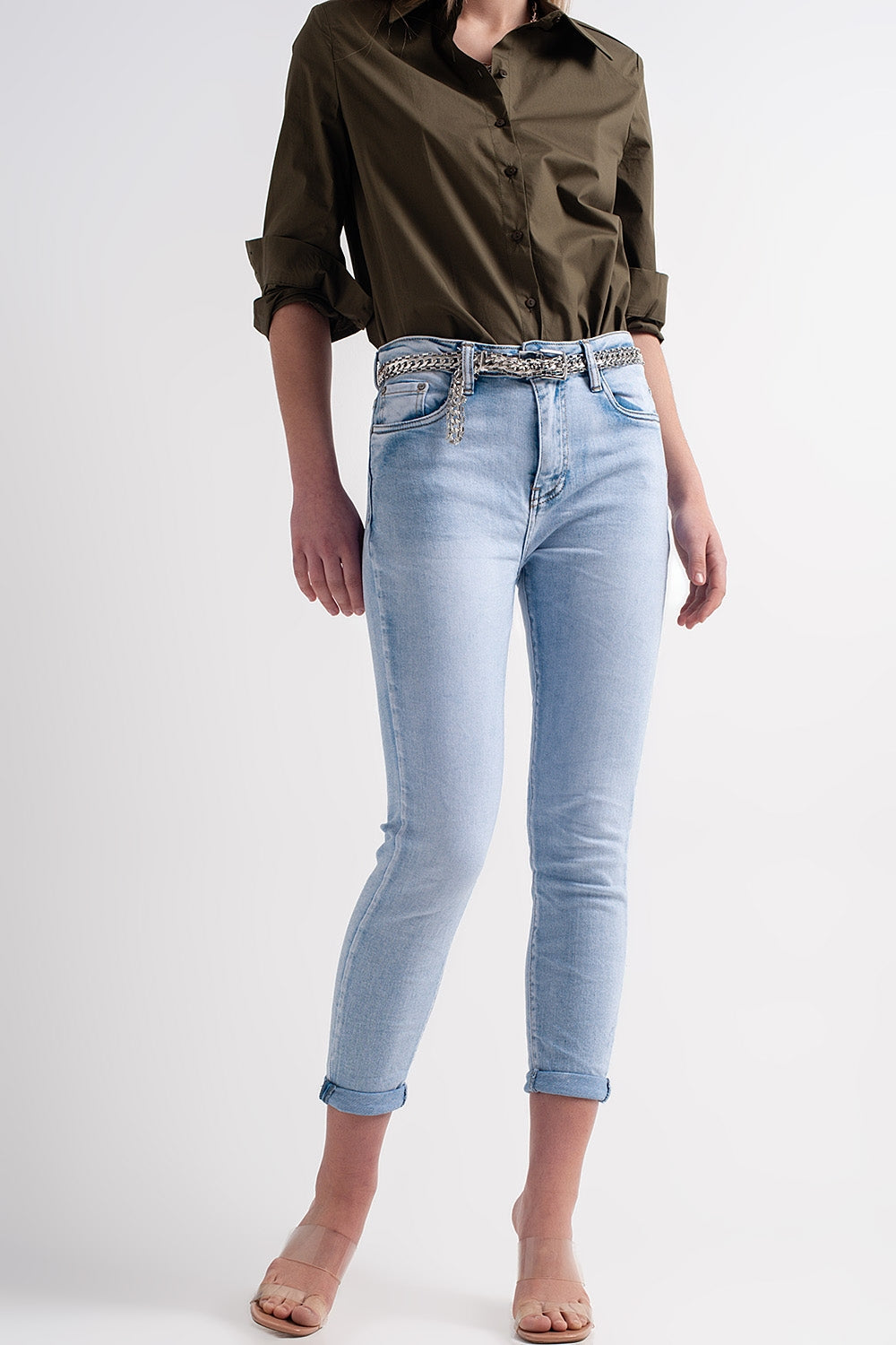 Straight leg jeans with folded ankles in light denim - Denim