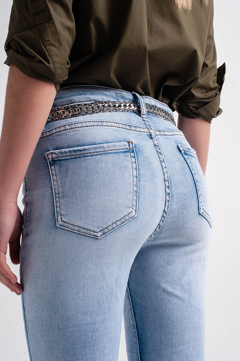 Straight leg jeans with folded ankles in light denim - Denim