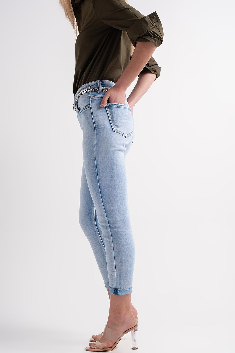 Straight leg jeans with folded ankles in light denim - Denim