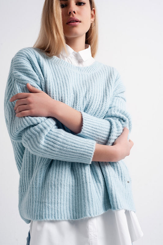 Turquoise round neck boyfriend sweater - jumper