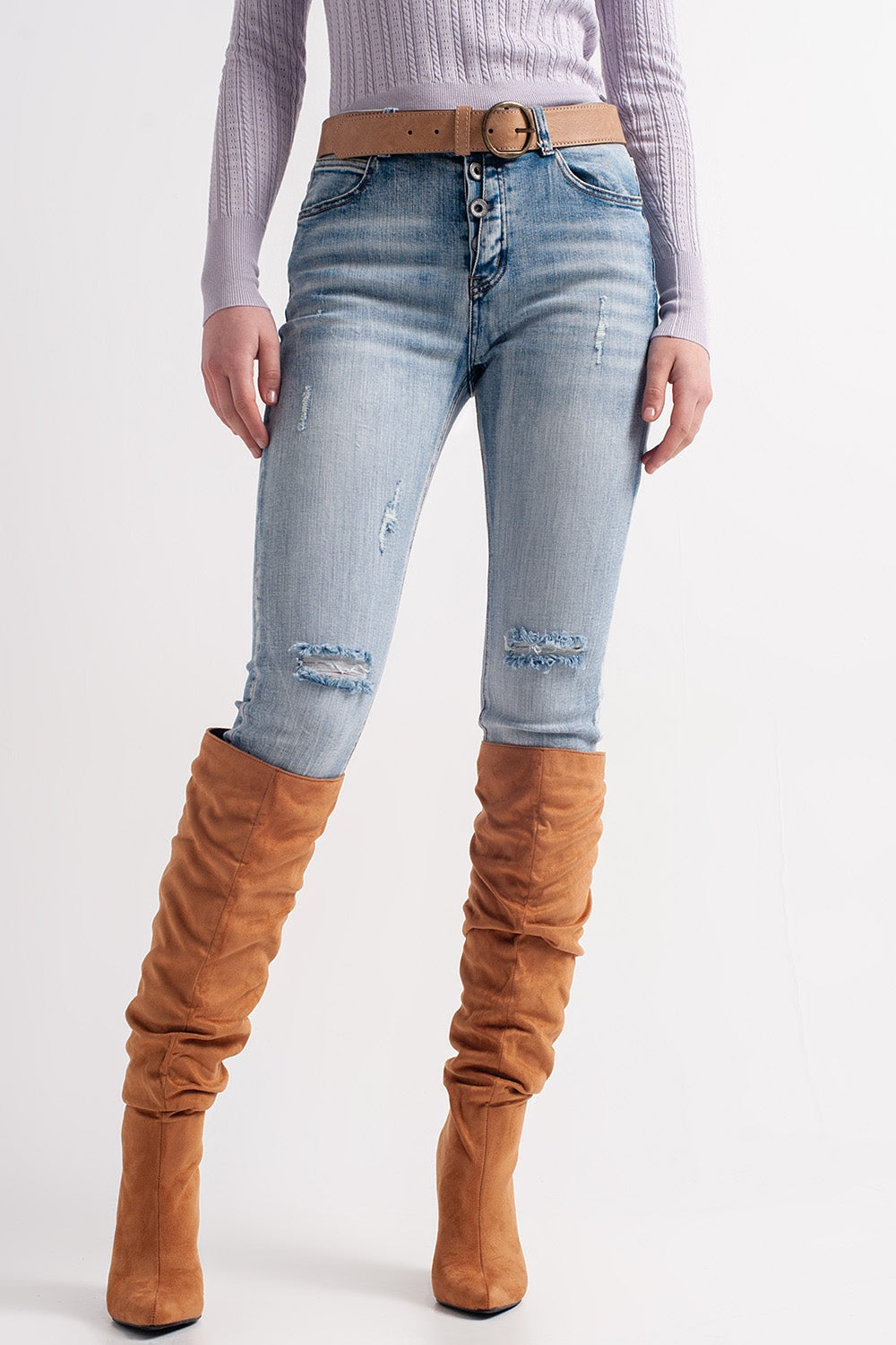 Heather skinny leg distressed jeans with button detail in light blue - Denim