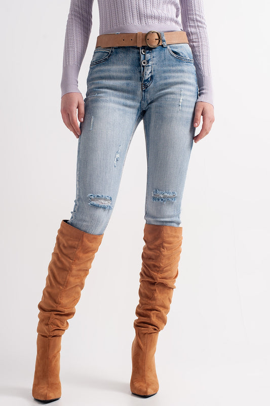 Heather skinny leg distressed jeans with button detail in light blue - Denim
