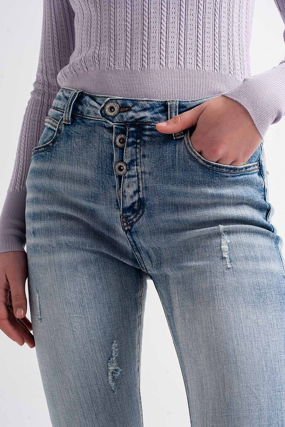 Heather skinny leg distressed jeans with button detail in light blue - Denim