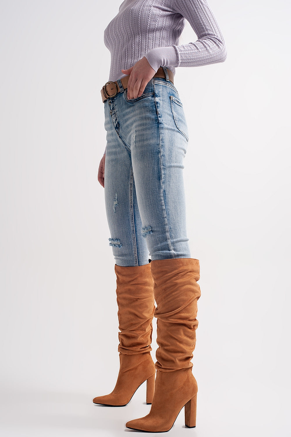 Heather skinny leg distressed jeans with button detail in light blue - Denim
