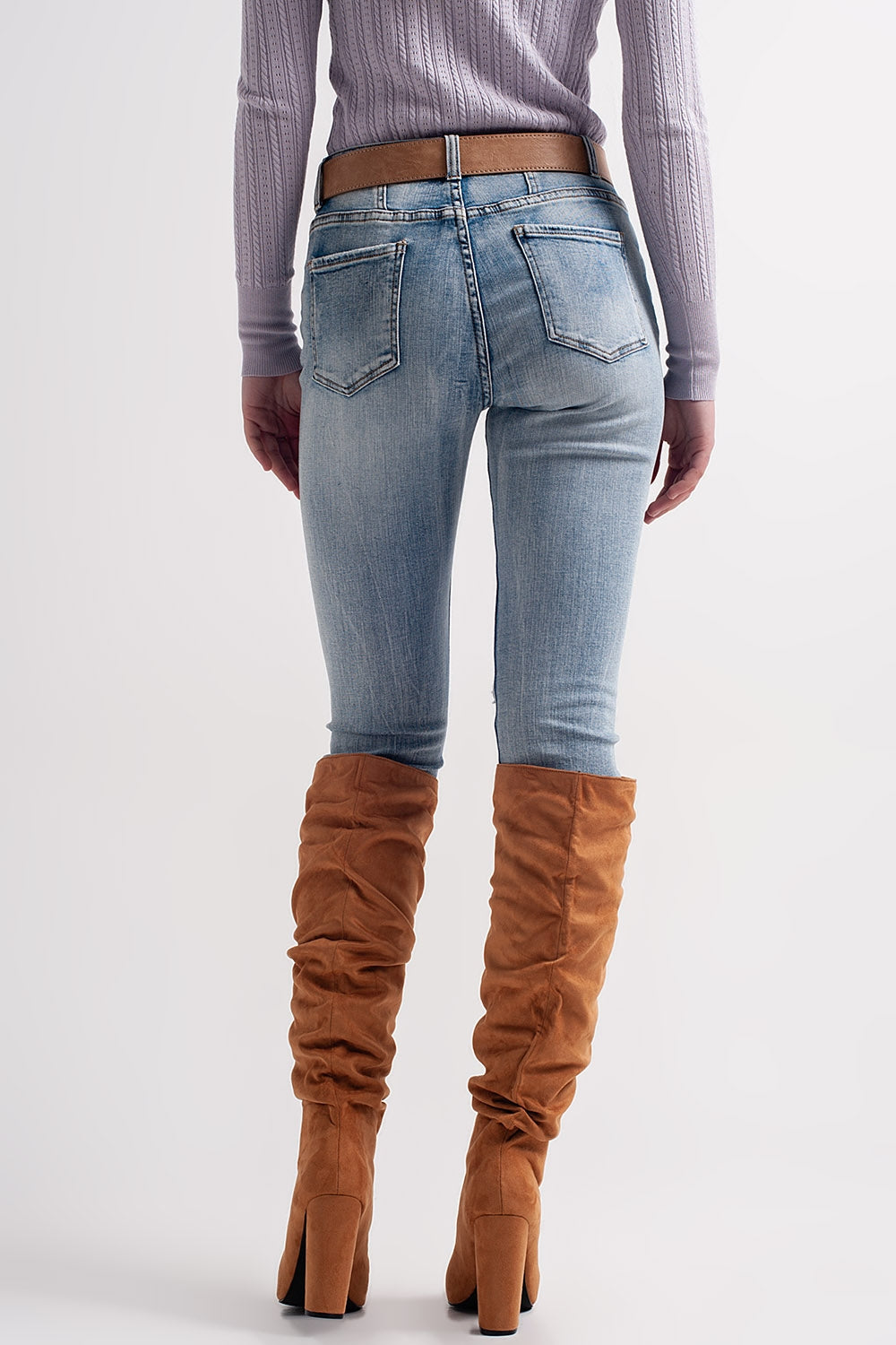 Heather skinny leg distressed jeans with button detail in light blue - Denim