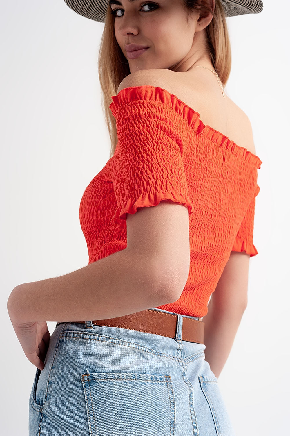 Cooord ruched bardot crop top in orange - top