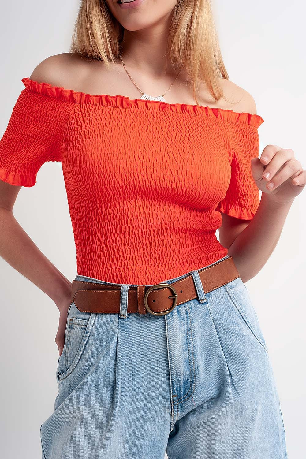 Cooord ruched bardot crop top in orange - top