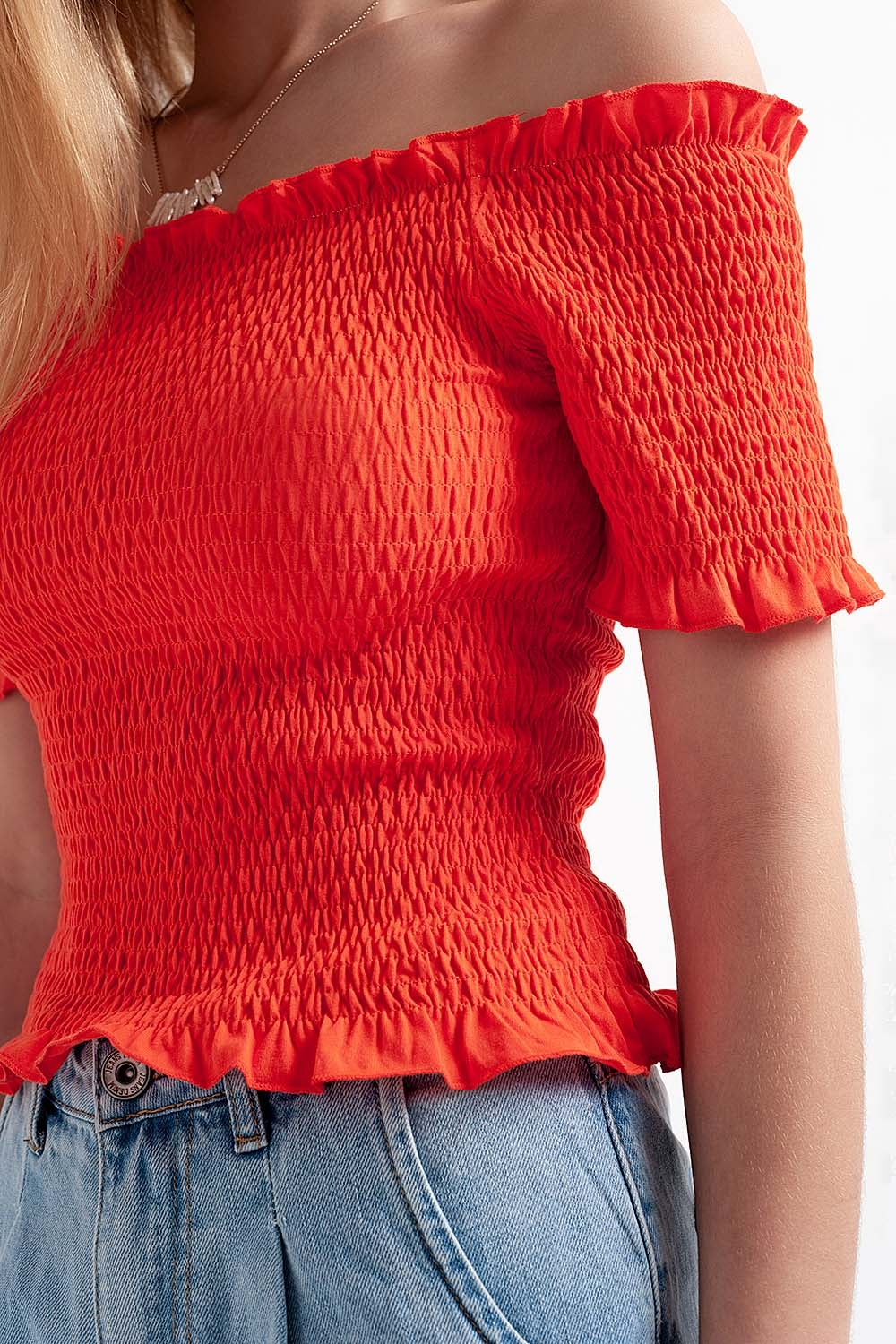 Cooord ruched bardot crop top in orange - top
